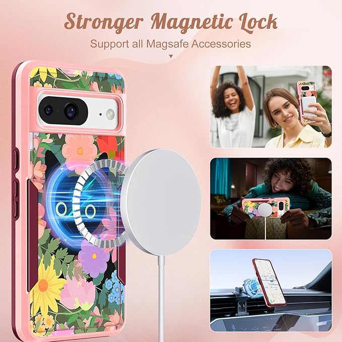 for Google Pixel 8 Case 6.2 Inch - Compatible with MagSafe Women Girls Cute Magnetic Protective Cover Girly Cat Flower Floral Heavy Duty Shockproof Design for Google Pixel 8 Phone Cases