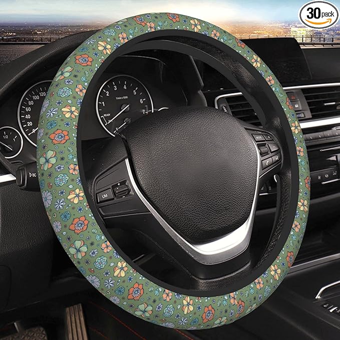 Sage Green Hippie Flower Auto Car Steering Wheel Cover Universal 15 Inch Neoprene Interior Decor Protection Accessories