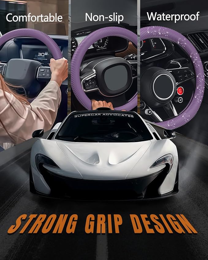 WOCOCN Car Steering Wheel Cover, Thin Anti-Skid Silicone Steering Wheel Cover for Men & Women, Universal Automotive Interior Accessories for Most Cars (Purple)