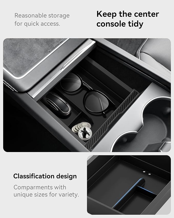 for Tesla New Model Y Juniper Center Console Organizer Tray Divided Storage Double Layer Space Slide smoothly Model Y 2025 2026 Accessorie - 4 PCS, Black