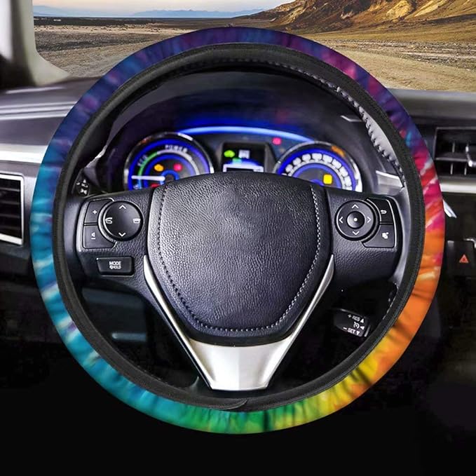 AFPANQZ Tie Dye Car Steering Wheel Covers Breathable Sweat Absorption Comfort Grip Stretch-on Fabric Steering Wheel Protector Non-Slip Machine Washable Rainbow Colored