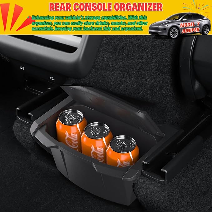 2026 Model Y Juniper Trash Can Back Seat Compatible with New Tesla Model Y Juniper Rear Center Console Floor Organizer Storage Box with Lid Garbage Can - TPE, Black
