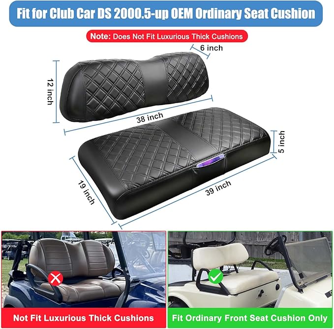 MOSNAI Club Car DS 2000.5-Up Seat Covers, Golf Cart Seat Covers for Club Car DS OEM Ordinary Seat, Front Seat Cover with Concave and Convex Design, Thick Vinyl Leather Comfortable/Breathable
