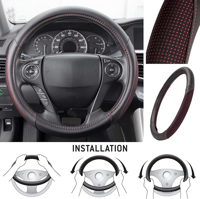 Motor Trend Wine Steering Wheel Cover - Dotted Comfort Polyester Grip on Stitched Synthetic Leather, Wine Stitching/Black