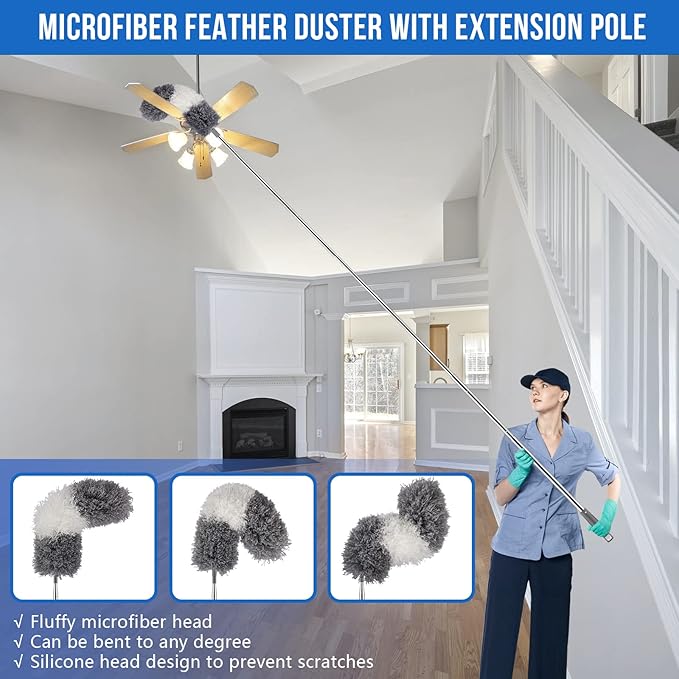 UIMO Microfiber Feather Duster Kit with Extension Pole (30–100") – Bendable Washable Heads, Extendable Dusters for Cleaning Ceiling Fan, High Ceiling, Blinds, Furniture & Cars (5 Pcs)