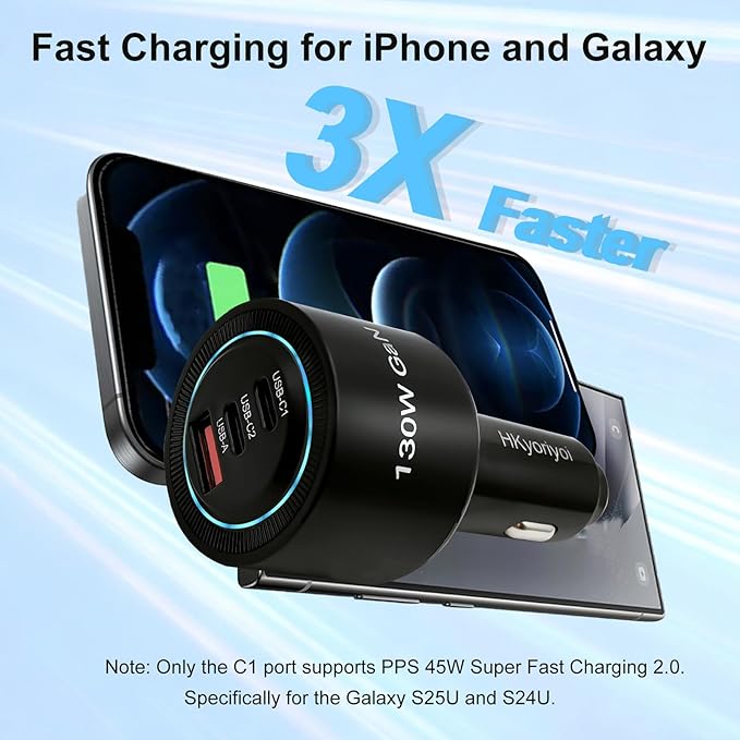 HKyoriyoi 130W USB C Car Charger, 3-Port PD100W+PD30W Super Fast Charging Adapter for iPhone 17/16 Pro Max, Galaxy S25/24 Ultra, Samsung, Android, Type C Cigarette Lighter for Laptop, iPad, MacBook