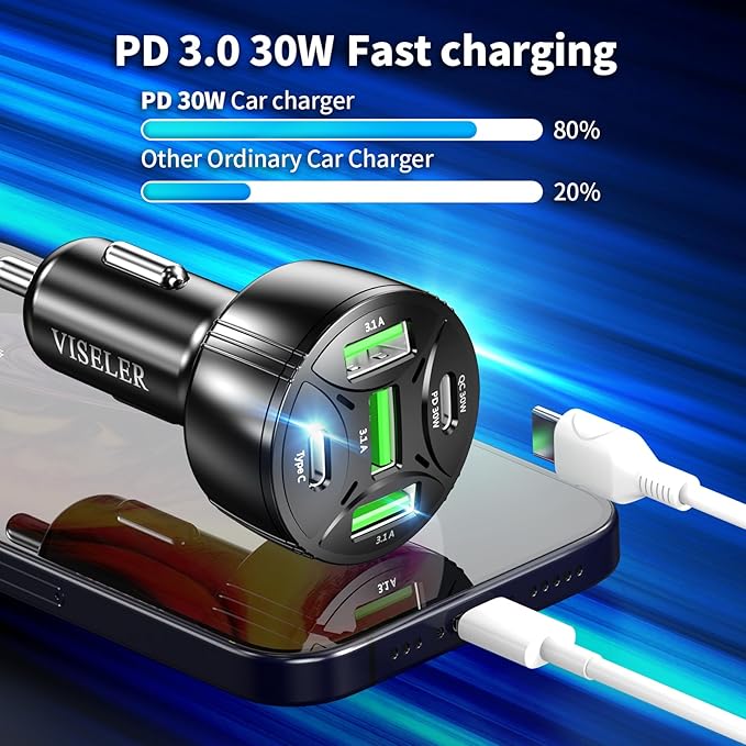 USB C Car Charger Adapter, PD 3.0 Charger, 5 USB QC 3.0 Car Phone Chager Fast Charging for iPhone 17, Galaxy S24 and Other USB Device. (2Pack)