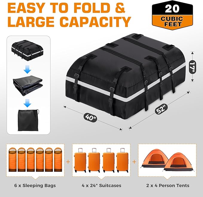 Car Rooftop Cargo Carrier Bag, 20 Cubic Feet 100% Waterproof Heavy Duty PVC Car Roof Bag for All Vehicle with/Without Racks -Anti-Slip Mat, 8 Reinforced Straps, 6 Door Hooks, Luggage Locks (Black)