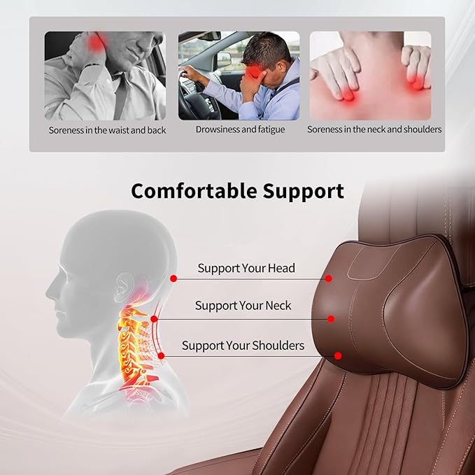 2PCS Leather Memory Foam Car Headrest Pillow Ergonomic Neck Pillow, Universal for Tesla Model Y/3/X/S BMW X3 X5 Lexus TX350 NX350 350h RX350 Volvo XC60 XC90 for Neck Pain Relief(Brown)