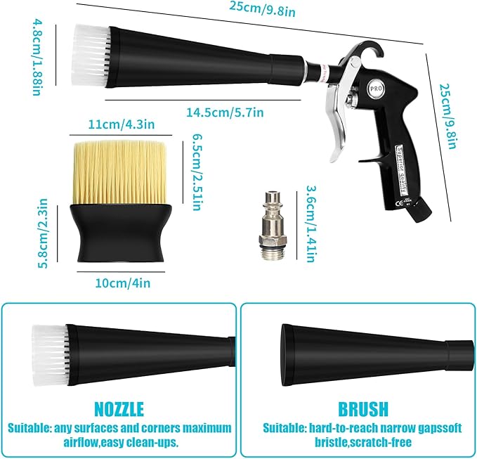 High Pressure Car Cleaning Gun with 2 Nozzles & Brush, Air Blow Gun for Interior Detailing, Dry Cleaning Tool for Dust Removal, Works with Air Compressor Only (No Water Needed)