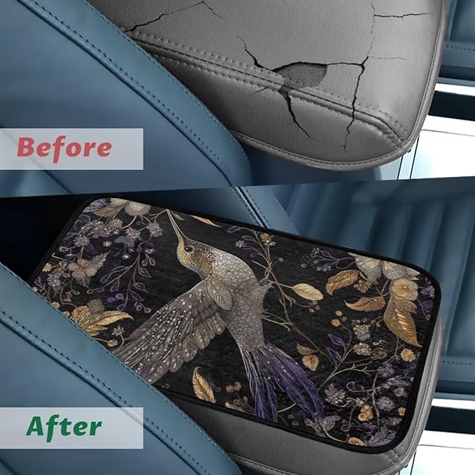 Hummingbird Flower Console Cover Armrest Pad Soft Car Armrest Cushion Anti-Slip Washable Car Center Console Lid Cover Accessories Fit Sedans,Cars,Vans,SUV,Truck