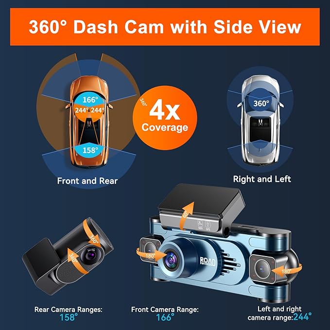 4K DashCam for Cars,4 Channel Car Dash Cam Front and Rear Inside with Voice Control,5G WiFi GPS, Night Vision, G Sensor, WDR, 24/7 Parking Mode Free 128G Card Loop Recording (Blue)