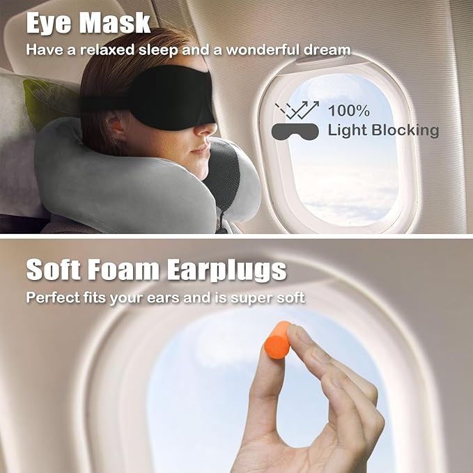 Travel Pillow, Memory Foam Neck Pillow for Traveling, U Shape Neck Pillow Airplane Portable Flight Pillow Travel Kit with 3D Contoured Eye Masks and Earplug for Plane Train Car Home Office - Grey