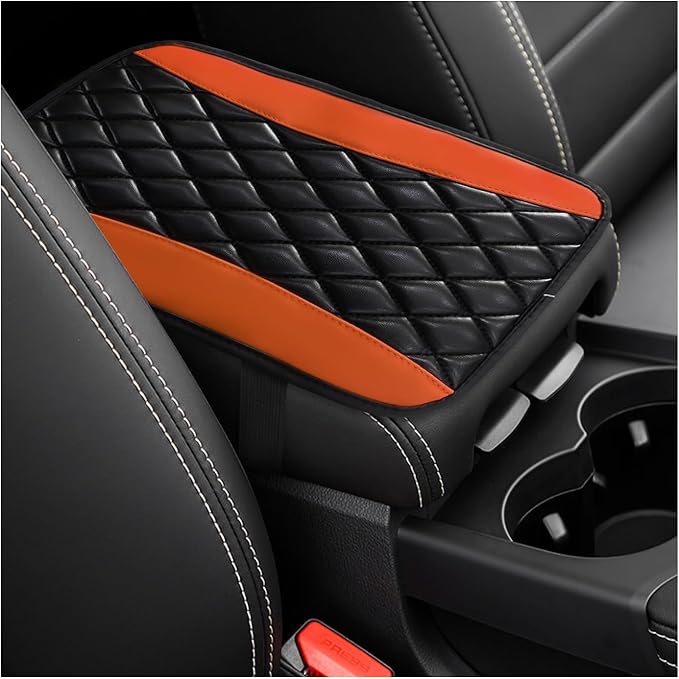 Car Center Console Cushion Pad, Universal Leather Waterproof Armrest Seat Box Cover, Comfortable Auto Armrest Cover Protector, Car Interior Decor Accessories for Most Vehicles (Black & Orange)