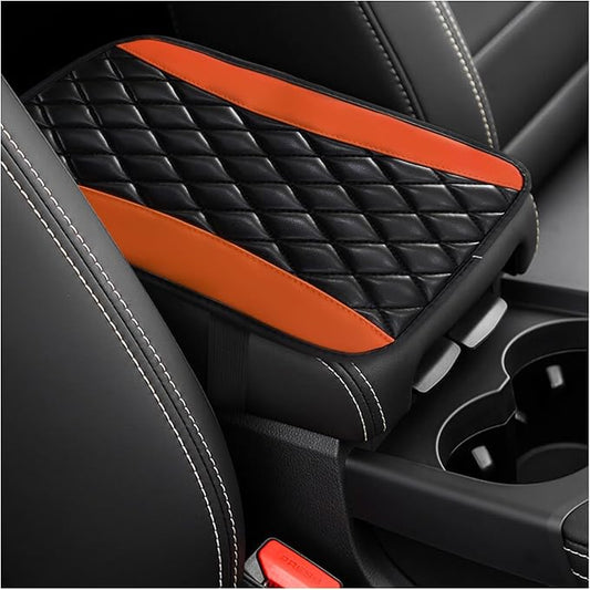 Car Center Console Cushion Pad, Universal Leather Waterproof Armrest Seat Box Cover, Comfortable Auto Armrest Cover Protector, Car Interior Decor Accessories for Most Vehicles (Black & Orange)