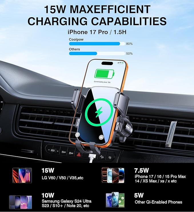 Kaistyle Wireless Car Charger【One Hand Manual Clamping】 Fast Wireless Charger for Car Phone Holder Mount Charger Phone Holders for Your Car Dashboard/Windshield/Vent Truck Mount for iPhone Samsung