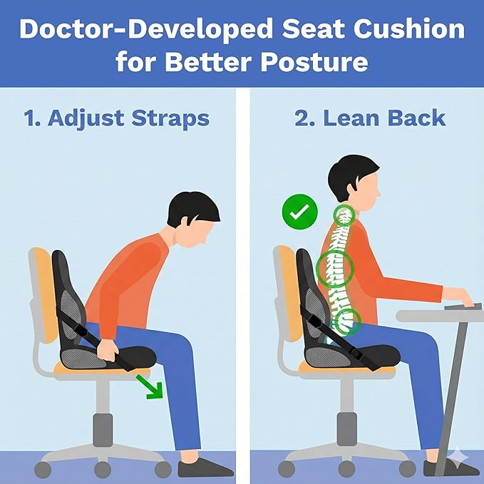 Adjust Lumbar in Any Seat | Developed by a Doctor | Seat Cushion for Office Chair, Car, Truck Driver, Bleachers | Pressure Relief | Designed w/Spine Specialists for Long Sitting Hours