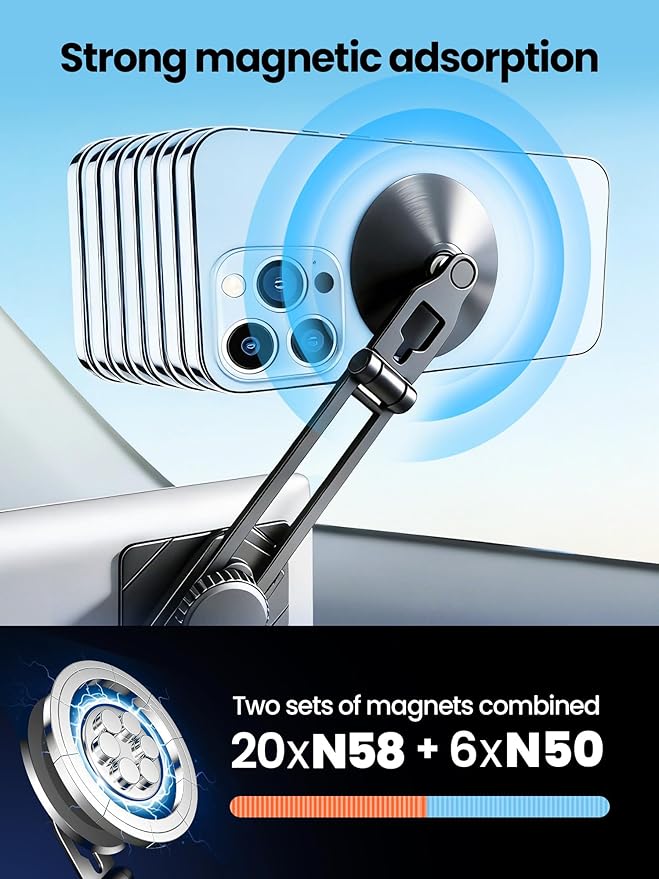 XIREL for Tesla Phone Mount All-Metal | MagSafe-Compatible [Strong Magnetic] Foldable 360° Adjustable for Tesla Model 3/Y/X/S/Juniper/Cybertruck,Fits All Phones+&iPhone17-12,Tesla Accessories