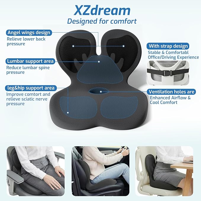 Ergonomic Seat Cushion,Office Chair Cushion with Lumbar Support Pillow,Memory Foam Car Seat Cushions,Designed for Sciatica, Tailbone,Back Pain,Back Cushion for Office,Car,Home Desk Chair