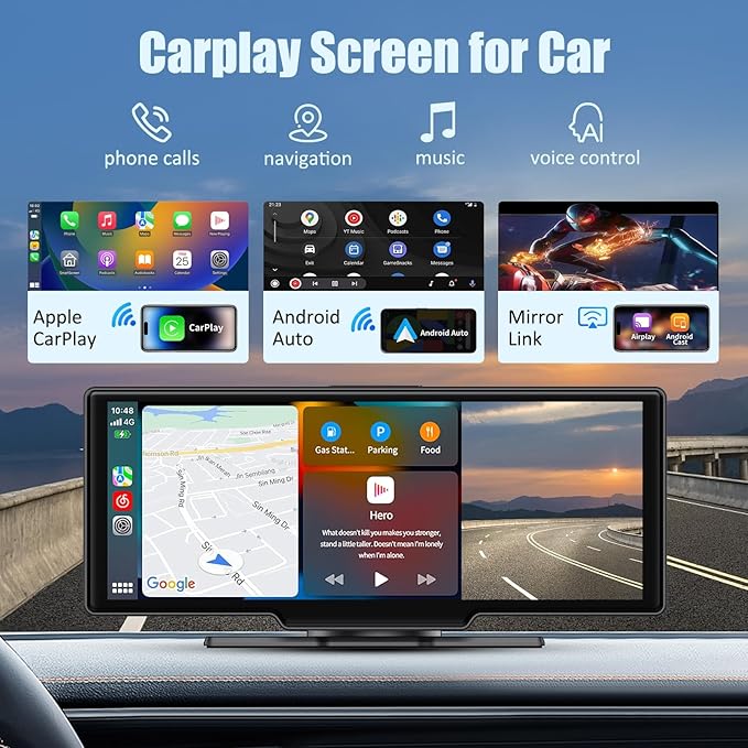 Wireless Apple Carplay Screen for Car,11.26" Portable Car Play & Android Auto Touch Screen, Upgraded Car Stereo with 4K Dash Cam,Backup Camera/Mirror Link/Voice Control/GPS/AUX/FM for All Vehicles