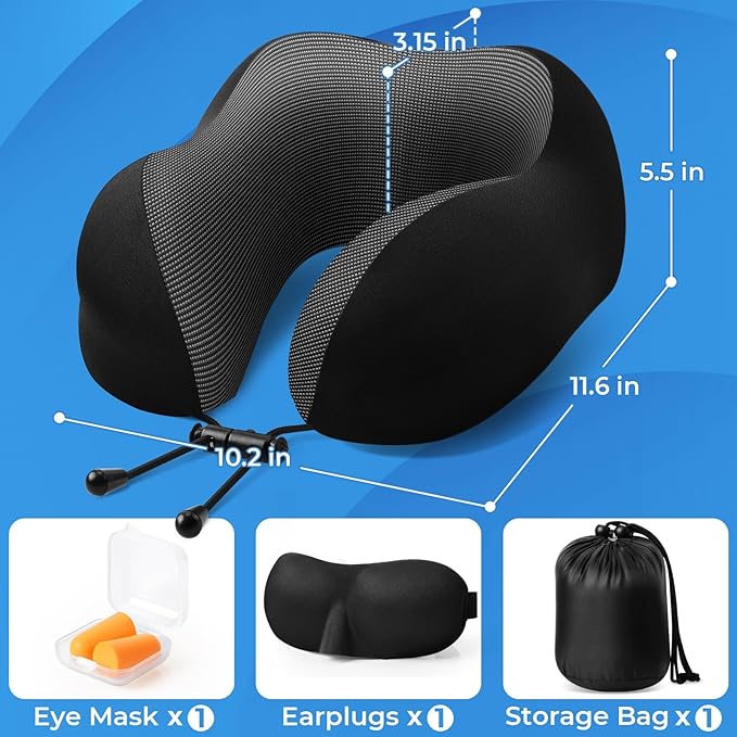 Travel Pillow, Travel Pillows for Sleeping Airplane, Neck Pillow Airplane, Memory Foam Neck Pillow Set with Eye Mask, Earplugs and Storage Bag -Black