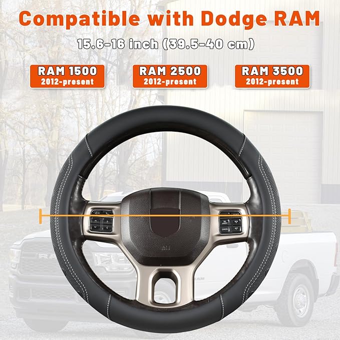 GIANT PANDA Car Steering Wheel Cover for RAM 1500 2500 3500, Compatible with Dodge RAM 15.5-16 inches - Black+Gray Line