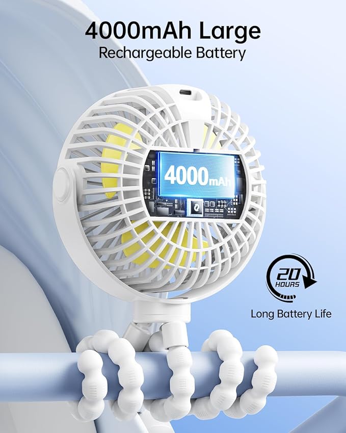 SWEETFULL Portable Stroller Fan with LED Display, 4 Speed Rechargeable Mini Clip On Fan, 360° Rotate Flexible Tripod Better Cooling Small Baby Fan for Car Seat Crib Travel Bike Treadmill (White)