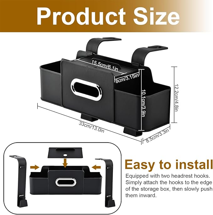 4-in-1 Back Seat Car Organizer with Extra Large Capacity, 2 Cup Holders, Tissue Box Dispenser & Storage Hook for Phone, Snacks, Toys(Black)