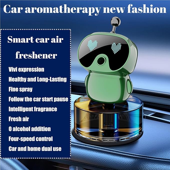 Robot Intelligent Aromatherapy Machine, Smart Cute Robot Car Air Freshener, Fine Spray/Fillable/Four-Gear Adjustment/Vibration Sensing/On-Off/Large Capacity Long-Lasting Fragrance/V1 (Green, Gardenia)