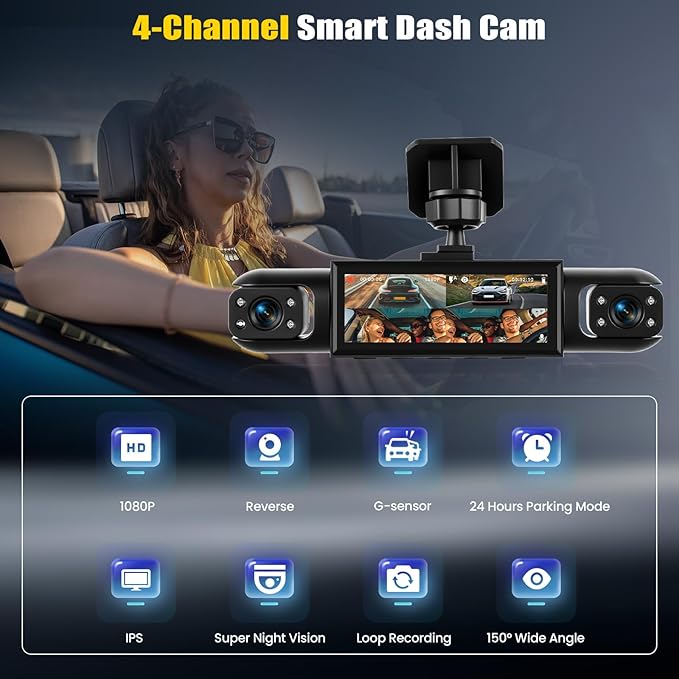 4 Channel 360° Dash Cam Front and Rear Inside Left Right,3.16" 1080P Dash Camera for Cars Car Camera with IR Night Vision,Loop Recording,Parking Assistance,24H Parking Monitor