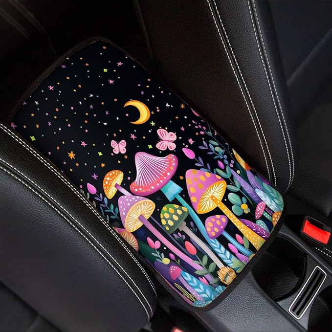 UNICEU Mushroom Moon Print Auto Interior Decor Armrest Cushion Cover Neoprene Car Center Console Armrest Protector Pad Universal Fit Trucks SUV Van