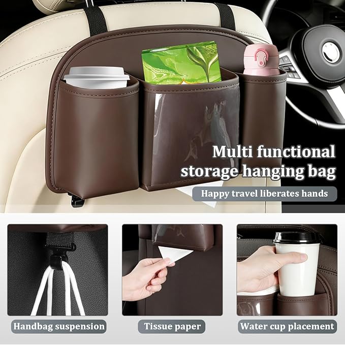 Car Back Seat Organizer, Leather 4-in-1 Seat Back Hanging Storage Bag with Tissue Box, 2 Cup Holder & Hook, Multi-Purpose Backseat Organizer Pocket for Hold Phone Drink, Universal Fit (Brown)
