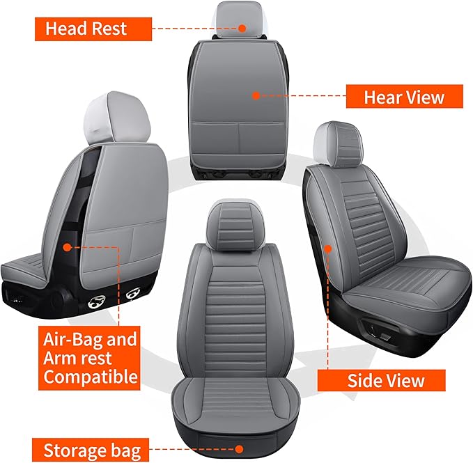 Car Seat Covers, Waterproof Horizontal Stripes Automotive Seat Covers, Universal Anti-Slip Car Seat Protectors for Most Cars Sedans SUV Pick-up Truck (2 PCS Front Seat, Grey)