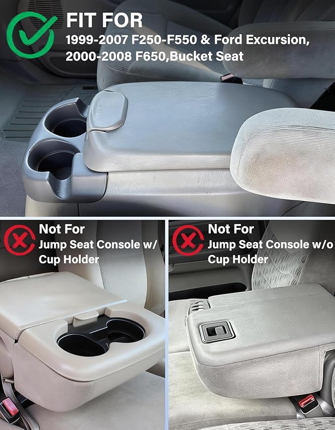 Center Console Armrest Cover for 1999-2007 Ford F250 F350 F450 F550 Super Duty Accessories & Ford Excursion, 2000-2008 F650, Vinyl Leather Middle Console Lid Protector (Fits Bucket Seat Console Only)