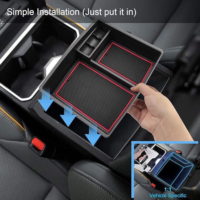 2024 2025 2026 Tacoma Center Console Organizer for Toyota Tacoma (All Trims), Durable ABS Plastic&Anti-Slip Rubber Console Tray Glove Insert 2025 2026 Tacoma Accessories (with Red Mats)