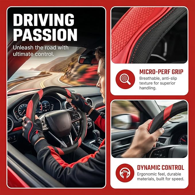 Car Steering Wheel Cover, Breathable Soft Leather Vehicle Wheel Cover Protector for Men Women, Non-Slip Automotive Interior Protection Accessories, Universal for Most Vehicles (Black/Red)
