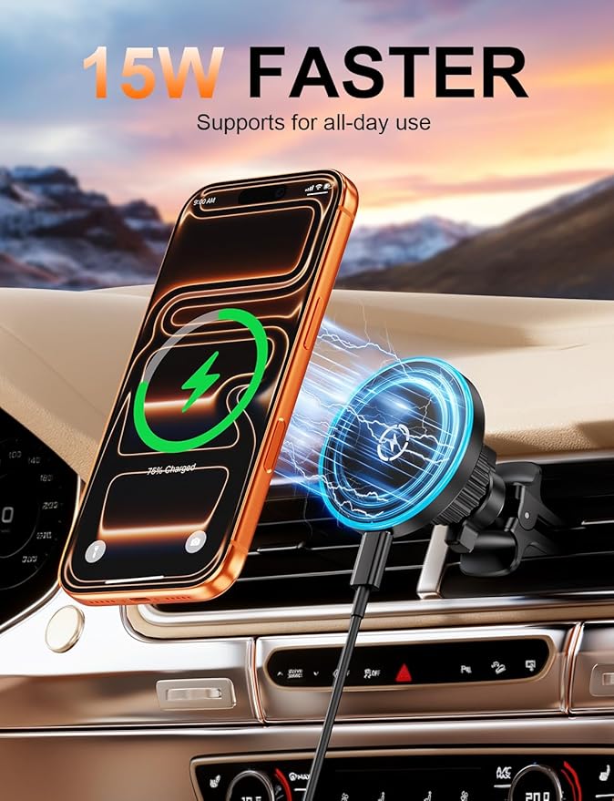 for Magsafe Car Mount Charger, [100% Stable] 15W 2 in1 Magnetic Wireless Car Charger, Vent/Dashboard Phone Holders for Your Car for Women Men Car Phone Holder Car Charger for iPhone 17 16 15 14 13