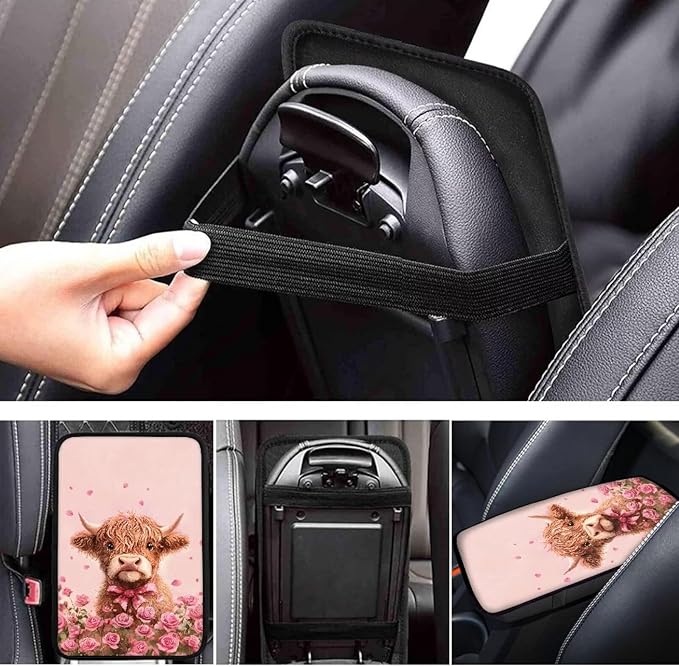 Pink Cow Car Center Console Cover Armrest Pad Cover Universal Car Arm Rest Seat Storage Box Mat Non Slip Interior Accessories