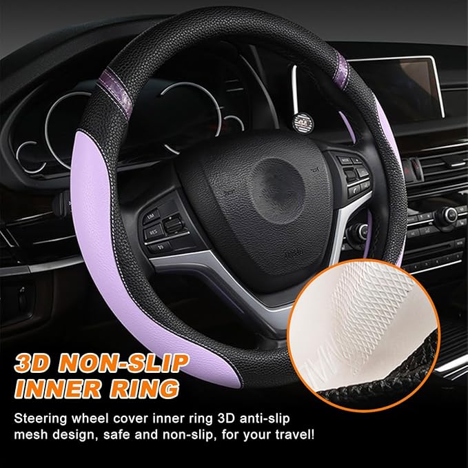 Car Steering Wheel Cover, Non-Slip Leather Auto Steering Wheel Protector, Comfortable Steering Wheel Cover Protector for Most Cars, Universal Interior Car Accessories (Purple)