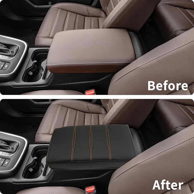 Center Console Cover for 2023 2024 2025 2026 Honda CR-V LX/EX/EXL/Sport/Sport-L/Sport Touring Hybrid, Armrest Lid Cushion Leather Protector Interior Accessories (Black/Orange Stitching)