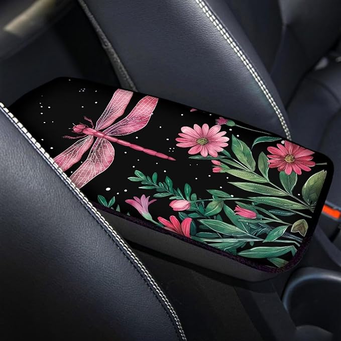 Flower Dragonfly Car Center Console Cushion Pad for Most Cars Soft Armrest Seat Box Cover, Waterproof Auto Armrest Cover Protector, Dragonfly Cars Interior Accessories