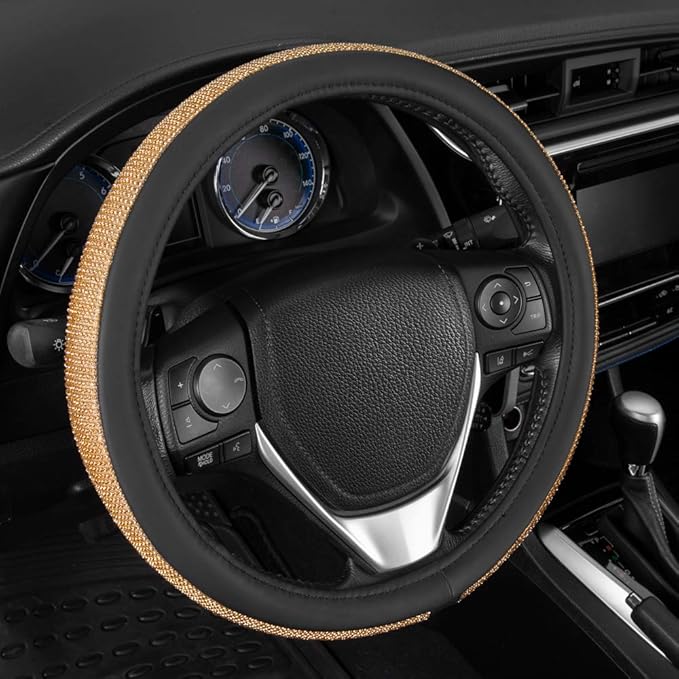 BDK Bling Bling Glitter Diamond Leather Steering Wheel Cover with 9 Rows Crystal Rhinestones, Universal Fit 14.5-15.5 Inch for Women/Girls (Bling Crystal Diamonds - Gold)