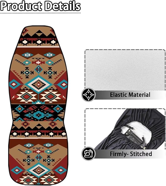 ELEQIN Car Seat Covers Two Front Only for Car, Brown Aztec Geometric Automotive Interior Covers, Quick Setup Universal Fit Seat Covers for Car, Truck, SUV