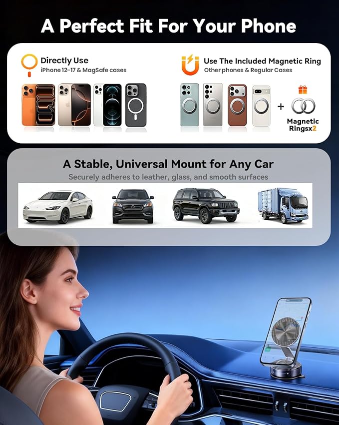 Vacuum Magnetic Car Phone Holder 360° Strongest 120LBS Ultra Suction Cup Phone Mount for MagSafe Dashboard Cell Phone Holders for Your Car/Gym/Mirror Bracket for iPhone 17 & Android, Metal Stand Rotor
