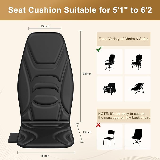 Back Massager Chair Pad with Heat, Back Massager for Back Pain Relief, Chair Massager with Vibration, Portable Massage Chair Pad for Office Use, Matte Black