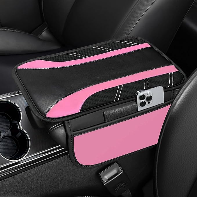 NBTEPEM Pink Center Console Cover, Sporty Leather Armrest Cover Cushion with 2 Storage Pockets, Universal Auto Middle Console Protector, Car Interior Accessories for Most SUV, Truck, Sedan Vehicles