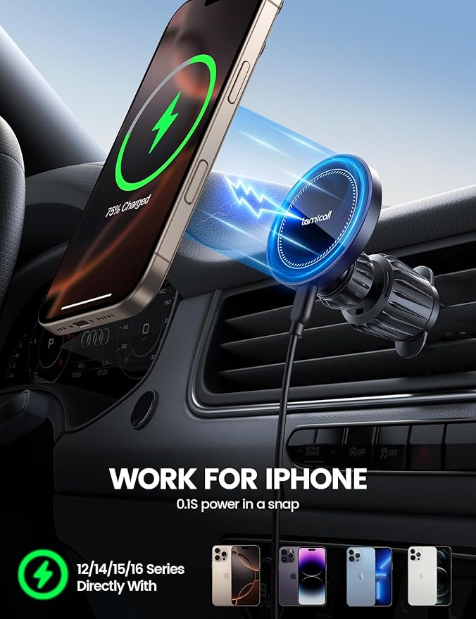 Lamicall 15W for MagSafe Car Mount Charger - [20X Strong Magnets] Wireless Car Phone Holder Charger, Magnetic Phone Holders for Car Vent Dash Accessories for iPhone 17 Pro Max Black Mothers Day