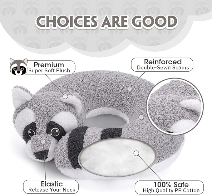 H HOMEWINS Travel Pillow for Kids,Cute Animal Neck Pillow for Boys Girls,Soft Neck Head Chin Support Pillow,Travel Accessories for Airplane, Car, Train,Recline(Raccoon)