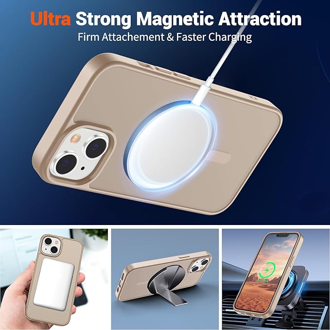 SUPFINE Magnetic for iPhone 14 Case & iPhone 13 Case (Compatible with MagSafe)(Military Grade Drop Protection) Slim Translucent Matte Shockproof Phone Cover,Desert Gold