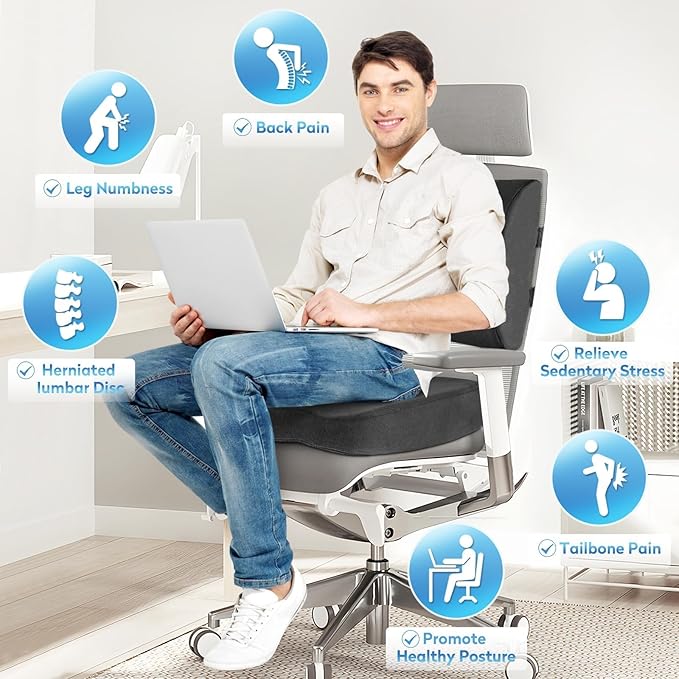 CloudBliss Lumbar Support Pillow & Seat Cushion Set for Office Chair, Desk Chair, Wheelchair & Car–Memory Foam Back Support, Ergonomic Chair Cushions,Sciatica Pain Relief,Home Essentials(Grey,XL)
